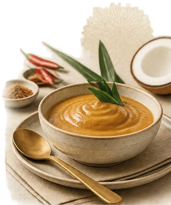 A smooth curry puree in a ceramic bowl with a gold spoon, coconut and spices