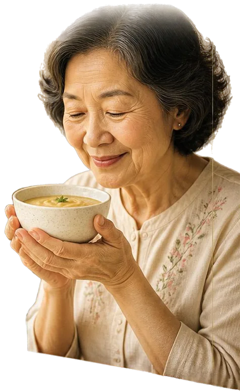 An older woman smiling as she holds a small bowl of smooth puree