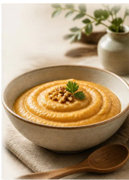 A bowl of smooth golden puree garnished with herbs, beside a wooden spoon