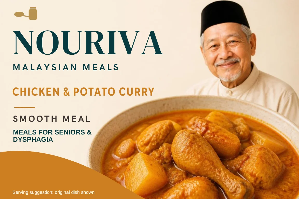 Nouriva Chicken & Potato Curry label showing the dish and a smiling elder